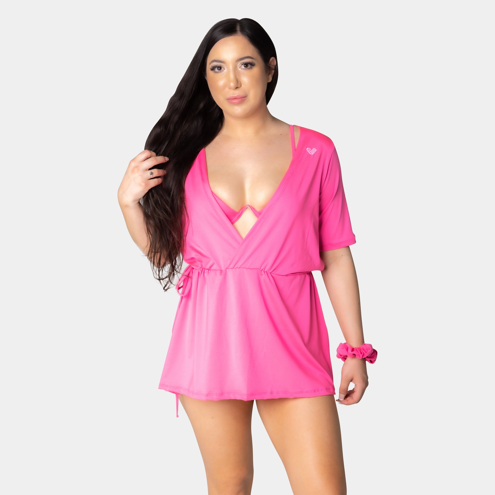 hot pink cover up dress Hot Pink Women's Beach Cover Up Dress Button Down Shirt Ruffle Sleeves Lookbook Store